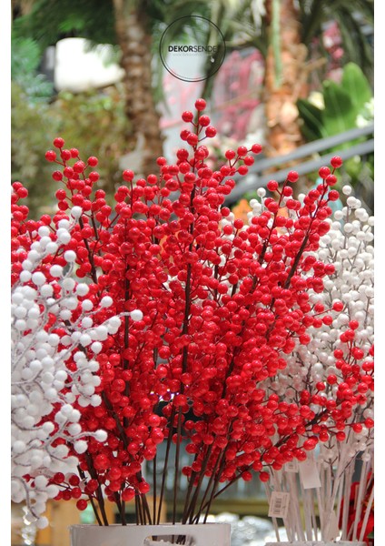 Kırmızı Yapay Berry Dalı 51 Cm, Beyaz Renkli Dekoratif Bitki Parçası