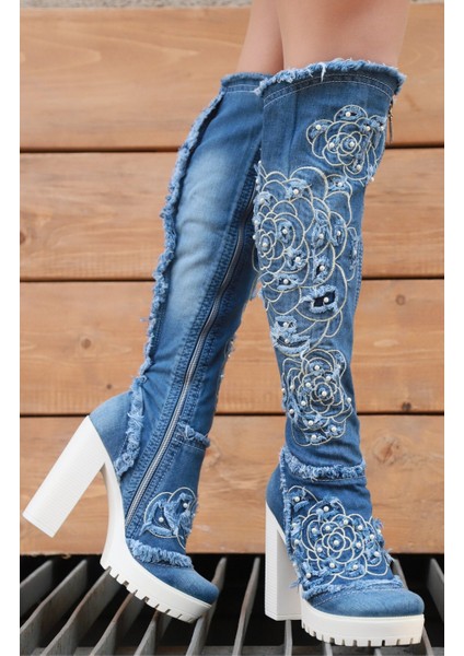 /diz Üstü Kot Çizmeleri, Kadın Kot Ayakkabılar, Modern Botlar, Platform Kot Botlar / Mavi Renk Kot Çizme /doğum Günü Hediyesi