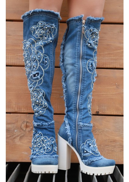 /diz Üstü Kot Çizmeleri, Kadın Kot Ayakkabılar, Modern Botlar, Platform Kot Botlar / Mavi Renk Kot Çizme /doğum Günü Hediyesi fiyatları