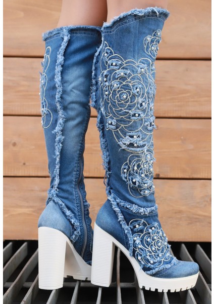 /diz Üstü Kot Çizmeleri, Kadın Kot Ayakkabılar, Modern Botlar, Platform Kot Botlar / Mavi Renk Kot Çizme /doğum Günü Hediyesi modelleri