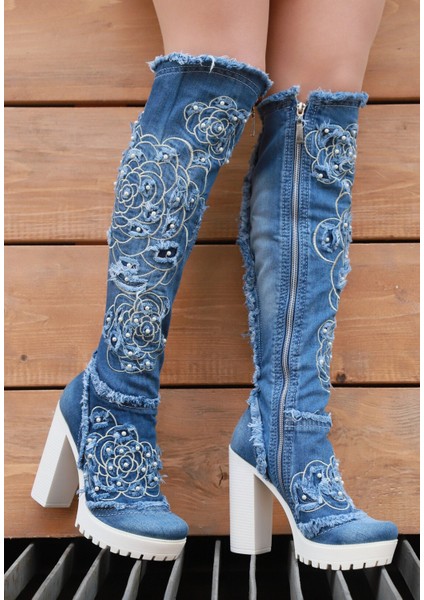 /diz Üstü Kot Çizmeleri, Kadın Kot Ayakkabılar, Modern Botlar, Platform Kot Botlar / Mavi Renk Kot Çizme /doğum Günü Hediyesi fırsatları