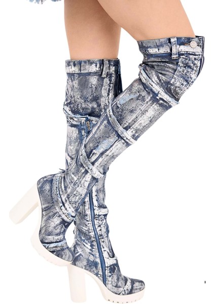 /diz Üstü Kot Çizmeleri, Kadın Kot Ayakkabılar, Modern Botlar, Platform Kot Botlar / Mavi Renk Kot Çizme /doğum Günü Hediyesi