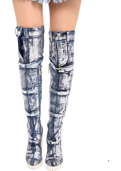 /diz Üstü Kot Çizmeleri, Kadın Kot Ayakkabılar, Modern Botlar, Platform Kot Botlar / Mavi Renk Kot Çizme /doğum Günü Hediyesi fiyatları