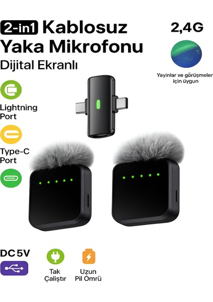 Lightining Type-C Girişli 200MAH Dijital Ekranlı 2.4g Kablosuz Çift Yaka Mikrofonu Pro++