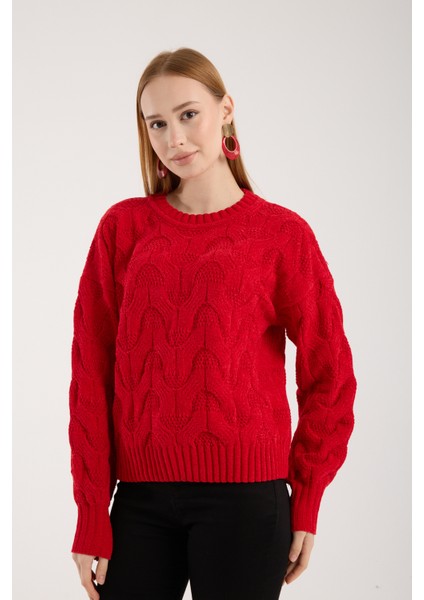 Kadın Kırmızı Şönil Kadife Saç Örgü Desenli Bisiklet Yaka Triko Kazak fırsatları