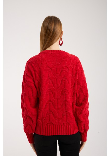 Kadın Kırmızı Şönil Kadife Saç Örgü Desenli Bisiklet Yaka Triko Kazak indirimleri