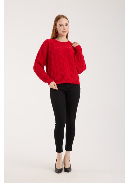 Kadın Kırmızı Şönil Kadife Saç Örgü Desenli Bisiklet Yaka Triko Kazak