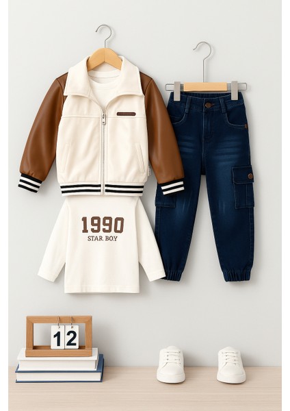 Erkek Çocuk Bomber Ceket - T-Shirt ve Jean Pantolon 3'lü Takım