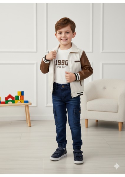 Erkek Çocuk Bomber Ceket - T-Shirt ve Jean Pantolon 3'lü Takım modelleri