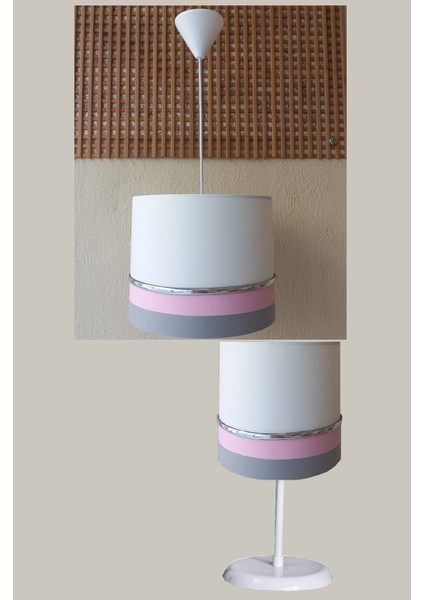 Beyaz Gri Pembe M-794 Kumaş Kaplama 2.li Set Yatak Odası Genç ve Çocuk Odası Avize ve Abajur Seti