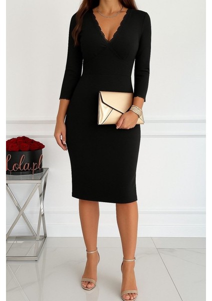 Kadın Fakir Kollu V Yakalı Dantel Detaylı Midi Janjan Krep Elbise