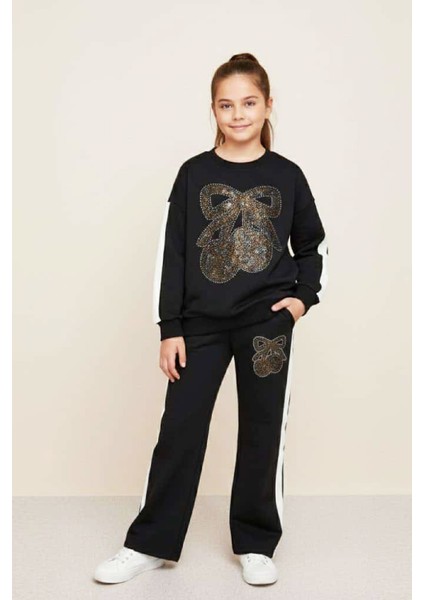 Kız Çocuk Taş Işlemeli Kiraz ve Fiyonk Desenli-2 Iplik-Alt-Üst Takım-5-12 Yaş 12445 modelleri