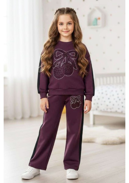 Kız Çocuk Taş Işlemeli Kiraz ve Fiyonk Desenli-2 Iplik-Alt-Üst Takım-5-12 Yaş 12445