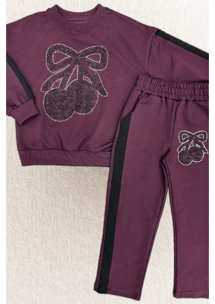 Kız Çocuk Taş Işlemeli Kiraz ve Fiyonk Desenli-2 Iplik-Alt-Üst Takım-5-12 Yaş 12445 fiyatları