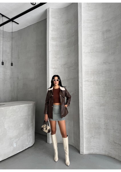 Zr Bej Kürk Yakalı Büzgülü Kahverengi Deri Trençkot fiyatları