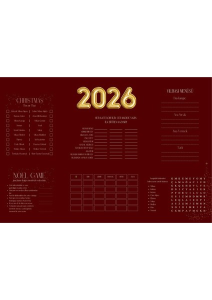 Iki Adet Bordo Yılbaşı Temalı Amerikan Servisi ve Masa Oyunu Seti