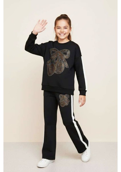 Kız Çocuk Taş Işlemeli Kiraz ve Fiyonk Desenli-2 Iplik-Alt-Üst Takım-5-12 Yaş 12445