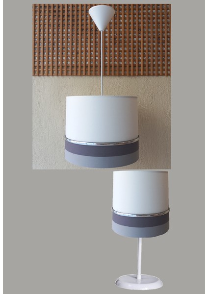 Beyaz Gri M-790 Kumaş Kaplama 2.li Set Yatak Odası Genç ve Çocuk Odası Avize ve Abajur Seti