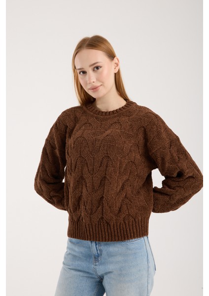 Kadın Acı Kahve Şönil Kadife Saç Örgü Desenli Bisiklet Yaka Triko Kazak fiyatları