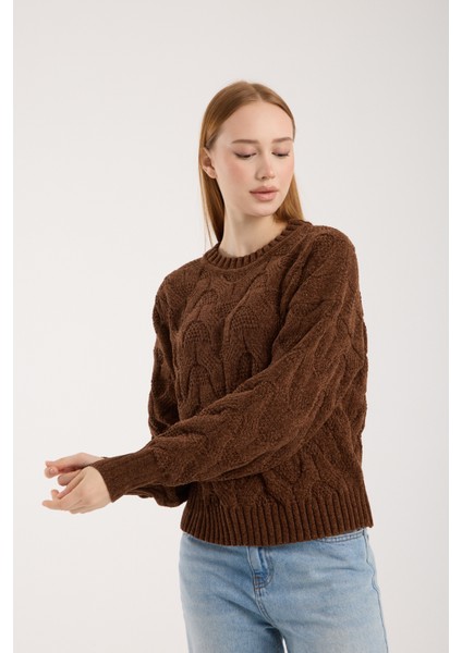 Kadın Acı Kahve Şönil Kadife Saç Örgü Desenli Bisiklet Yaka Triko Kazak modelleri