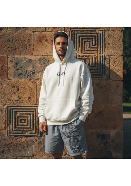 Kurukafa Baskılı Beyaz Kapüşonlu Oversize Hoodie