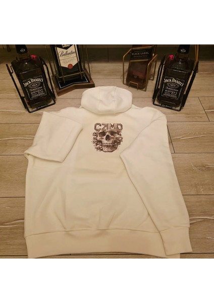 Kurukafa Baskılı Beyaz Kapüşonlu Oversize Hoodie