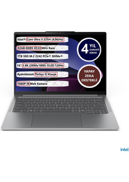 Ideapad Pro 5 14IMH9 Intel Ultra 5-225H 32GB 1tb SSD 14" OLED 83JK002BTR Freedos Taşınabilir Bilgisayar