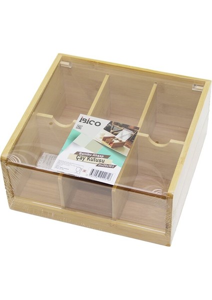 Ahşap Bambu 6 Bölmeli Poşet Çay Kutusu Mika Plastik Kapak 21X20X10CM (5314)