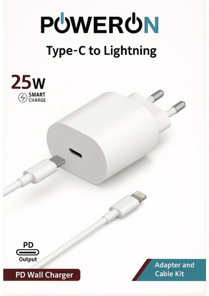 Poweron Type-C To Lightning 25W Pd Şarj Kiti Apple Cihazlar Için Akıllı Güç