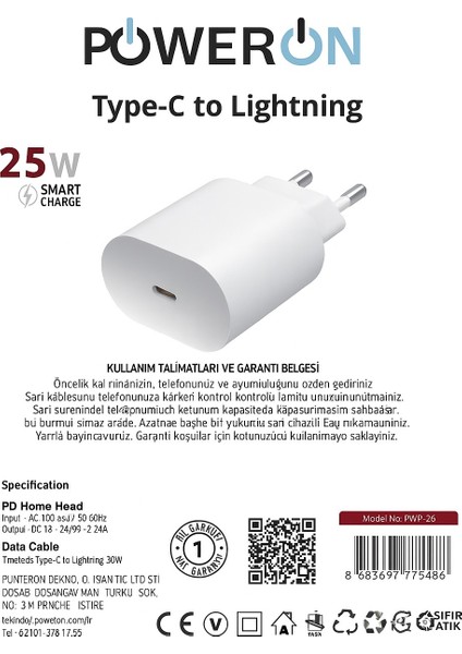Poweron Type-C To Lightning 25W Pd Şarj Kiti Apple Cihazlar Için Akıllı Güç fiyatları