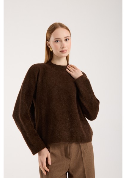 Kadın Acı Kahve Sakal Iplik Yarım Balıkçı Yaka Triko Kazak