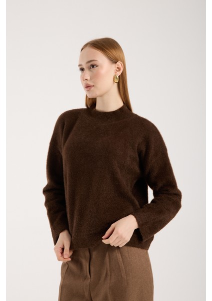 Kadın Acı Kahve Sakal Iplik Yarım Balıkçı Yaka Triko Kazak modelleri