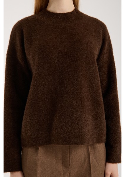 Kadın Acı Kahve Sakal Iplik Yarım Balıkçı Yaka Triko Kazak