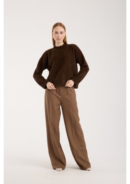 Kadın Acı Kahve Sakal Iplik Yarım Balıkçı Yaka Triko Kazak