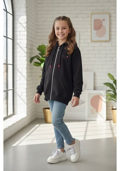 Neon Kalp Işleme Detaylı Kız Çocuk Kapüşonlu hırka - Siyah