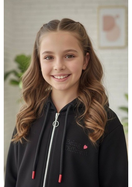 Neon Kalp Işleme Detaylı Kız Çocuk Kapüşonlu hırka - Siyah fiyatları