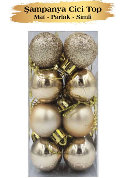 Yılbaşı Top Süsleri, Mat ve Parlak Şampanya Renk, 16'lı Paket, 3 cm