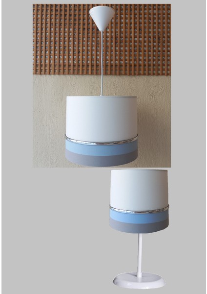 Beyaz Gri Mavi M-795 Kumaş Kaplama 2.li Set Yatak Odası Genç ve Çocuk Odası Avize ve Abajur Seti