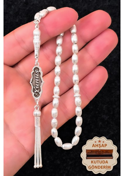 Isimli Gümüş Tesbih Çizgili Arpa Kesim Isim Yazılı Gümüş Tesbih 925 Ayar ST382