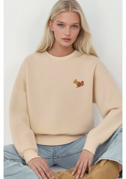Kadın Rahat Hayvan Nakışlı Şardonlu Bisiklet Yaka Hoodie Krem Doğal