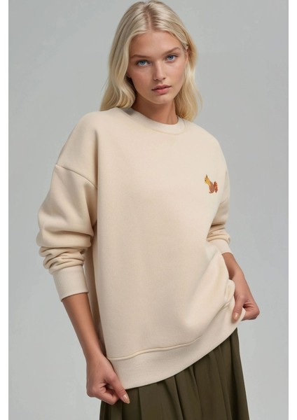 Kadın Rahat Hayvan Nakışlı Şardonlu Bisiklet Yaka Hoodie Krem Doğal