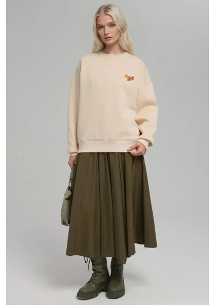 Kadın Rahat Hayvan Nakışlı Şardonlu Bisiklet Yaka Hoodie Krem Doğal