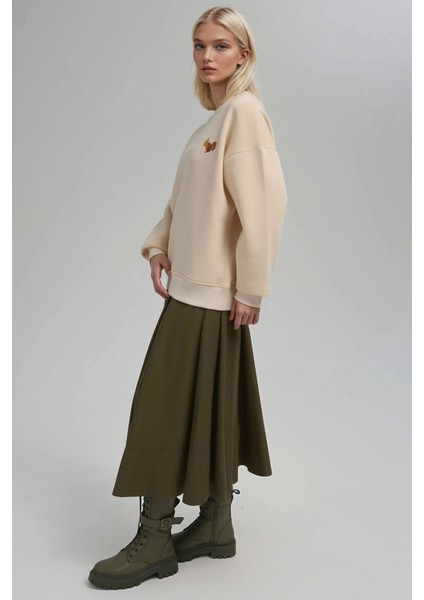 Kadın Rahat Hayvan Nakışlı Şardonlu Bisiklet Yaka Hoodie Krem Doğal