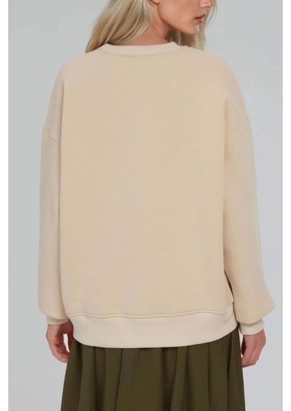 Kadın Rahat Hayvan Nakışlı Şardonlu Bisiklet Yaka Hoodie Krem Doğal