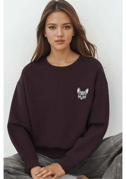 Kadın Rahat Hayvan Nakışlı Şardonlu Bisiklet Yaka Hoodie Kestane Kahvesi