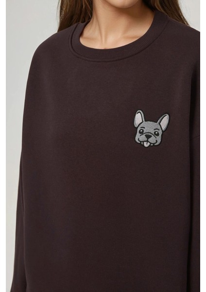 Kadın Rahat Hayvan Nakışlı Şardonlu Bisiklet Yaka Hoodie Kestane Kahvesi