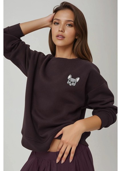 Kadın Rahat Hayvan Nakışlı Şardonlu Bisiklet Yaka Hoodie Kestane Kahvesi