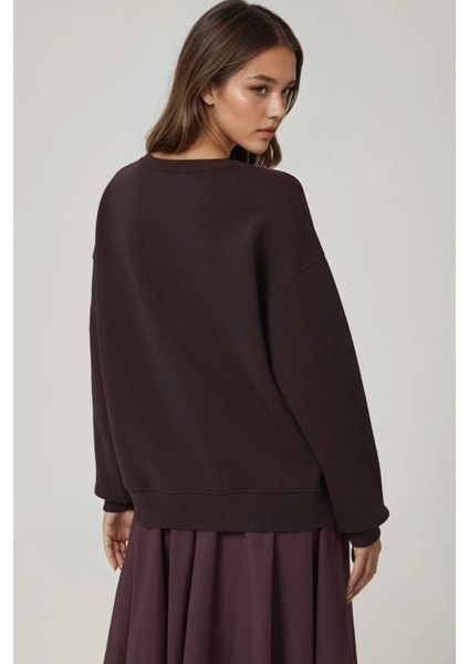 Kadın Rahat Hayvan Nakışlı Şardonlu Bisiklet Yaka Hoodie Kestane Kahvesi