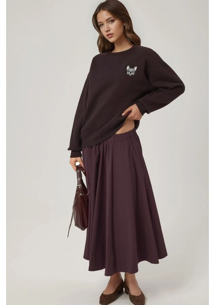 Kadın Rahat Hayvan Nakışlı Şardonlu Bisiklet Yaka Hoodie Kestane Kahvesi