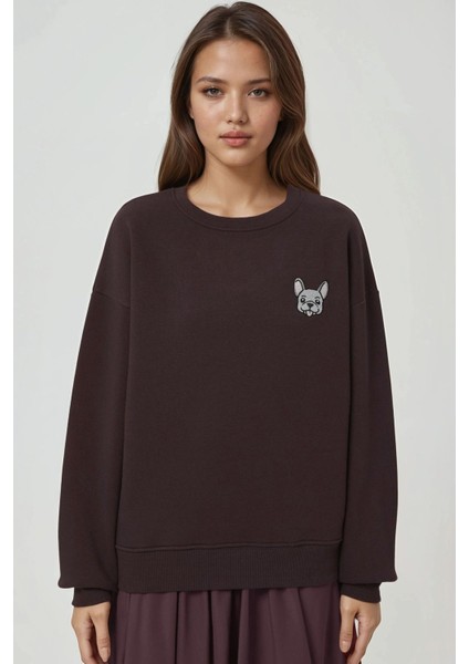 Kadın Rahat Hayvan Nakışlı Şardonlu Bisiklet Yaka Hoodie Kestane Kahvesi